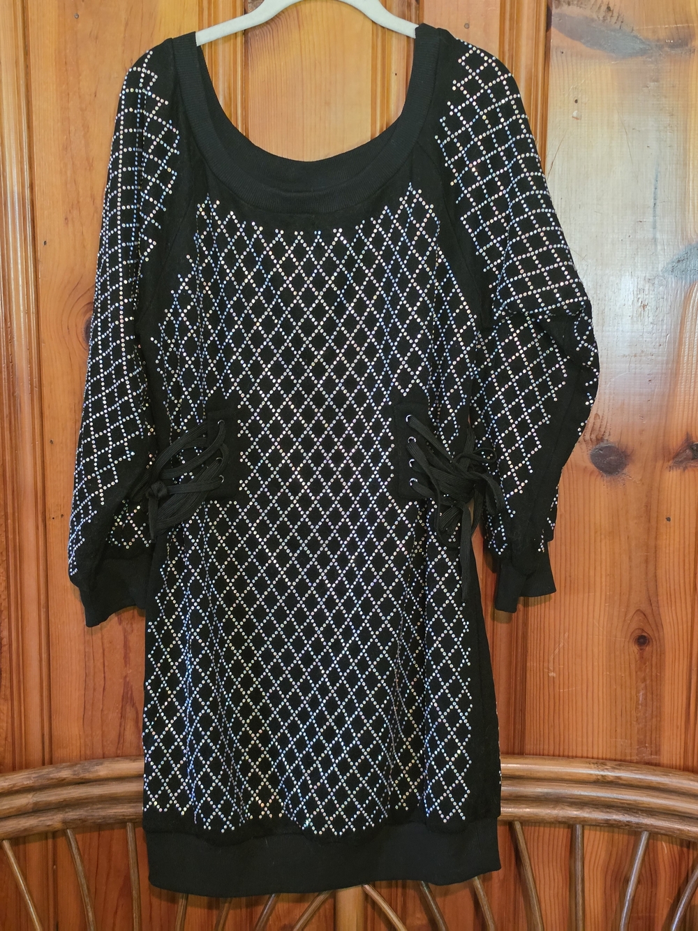 AKIRA Black Studded Long-Sleeve Knit Dress with Lace-Up Sides
